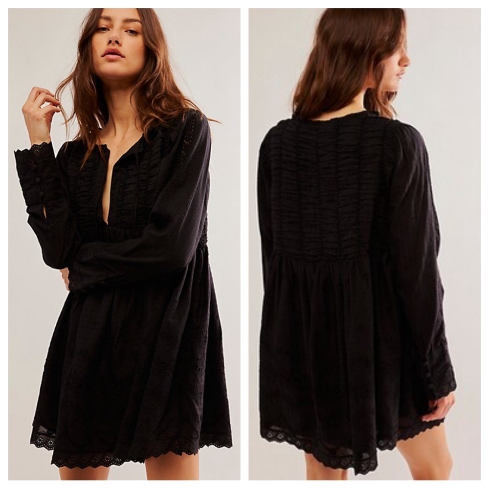 New! Free People Odelia embroidered babydoll swing dress black nwot 27515